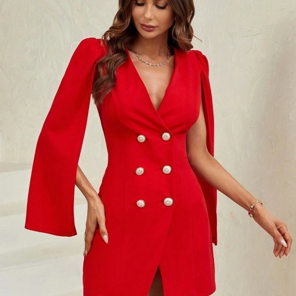 Red Preppy Womens Cloak Sleeve Double Breasted Placket Blazer Dress - Picture 4 of 5